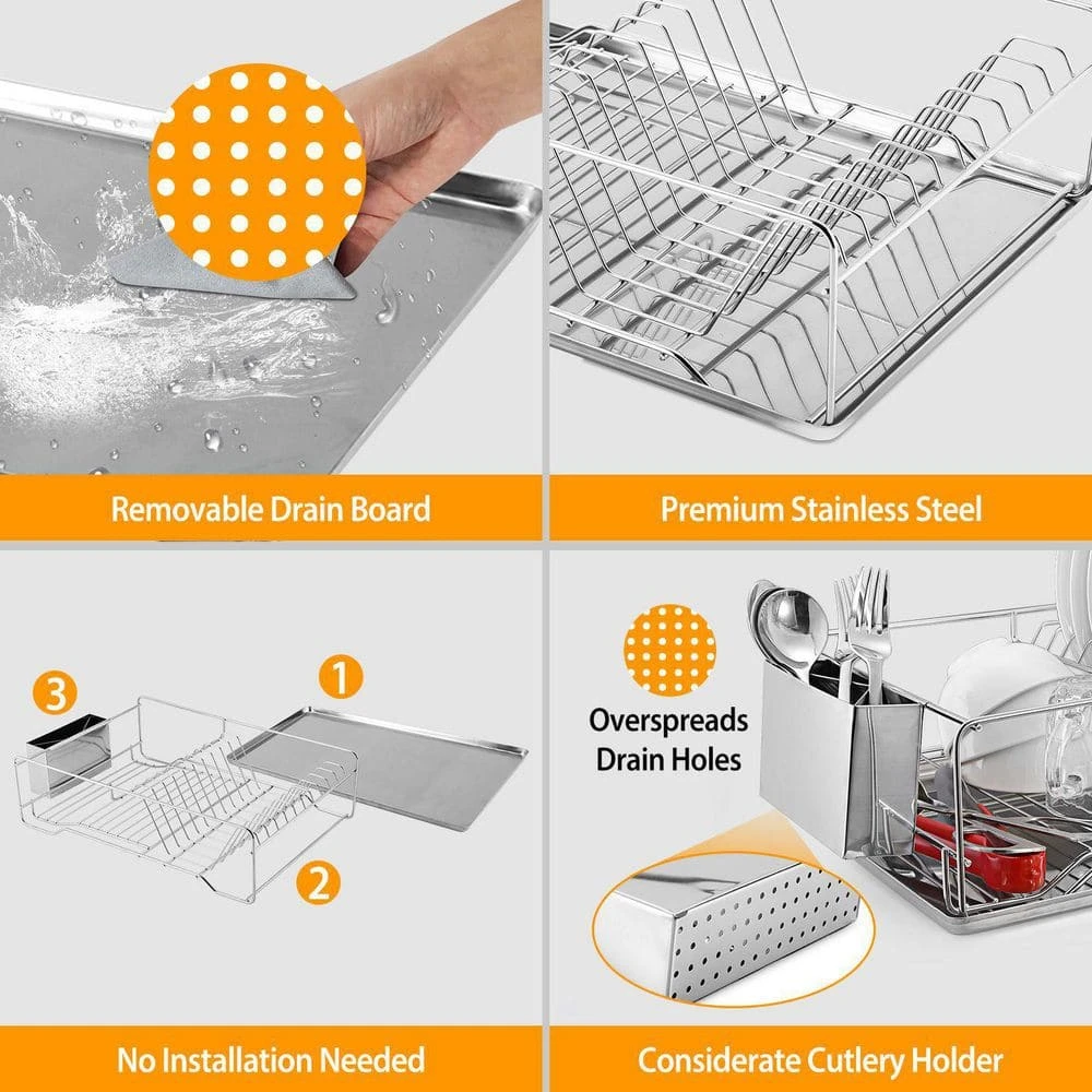 Dish Drying Rack Stainless Steel Dish Rack W/ Drainboard Cutlery Holder Kitchen Dish Organizer 7 Dish Drying Rack Stainless Steel Dish Rack W/ Drainboard Cutlery Holder Kitchen Dish Organizer - Image 7