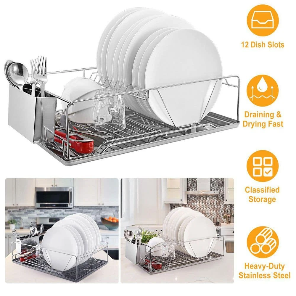 Dish Drying Rack Stainless Steel Dish Rack W/ Drainboard Cutlery Holder Kitchen Dish Organizer 2 Dish Drying Rack Stainless Steel Dish Rack W/ Drainboard Cutlery Holder Kitchen Dish Organizer - Image 2