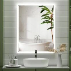 24 In. W X 40 In. LÂ Framed Rectangular Aluminium Dimmable Wall Bathroom Vanity Mirror In Silver With LED Light