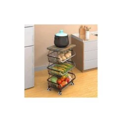 4 Tier Fruit Storage Basket, Fruit Vegetable Cart With Solid Wood, Kitchen Storage Rack With Rollers For Pantry -FURITURE SALE SHOP tahanbath fruit baskets z d0102hqtw6y 4f 1000