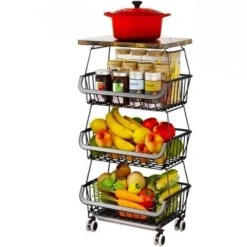4 Tier Fruit Storage Basket, Fruit Vegetable Cart With Solid Wood, Kitchen Storage Rack With Rollers For Pantry
