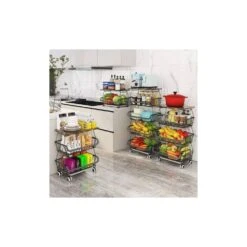 4 Tier Fruit Storage Basket, Fruit Vegetable Cart With Solid Wood, Kitchen Storage Rack With Rollers For Pantry -FURITURE SALE SHOP tahanbath fruit baskets z d0102hqtw6y fa 1000