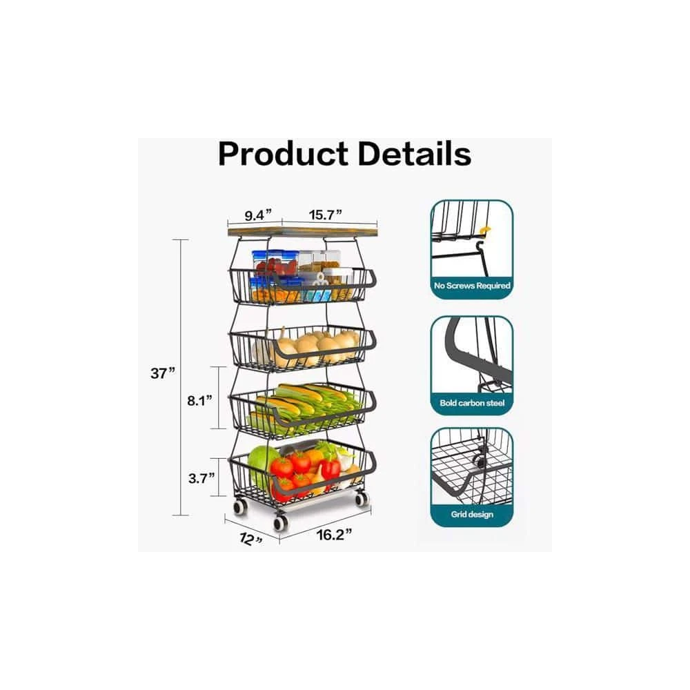 5 -Tier Fruit Basket For Kitchen Organizers And Storage, Stackable Metal Wire Basket Stand Cart With Wheels 4 5 -Tier Fruit Basket For Kitchen Organizers And Storage, Stackable Metal Wire Basket Stand Cart With Wheels - Image 4