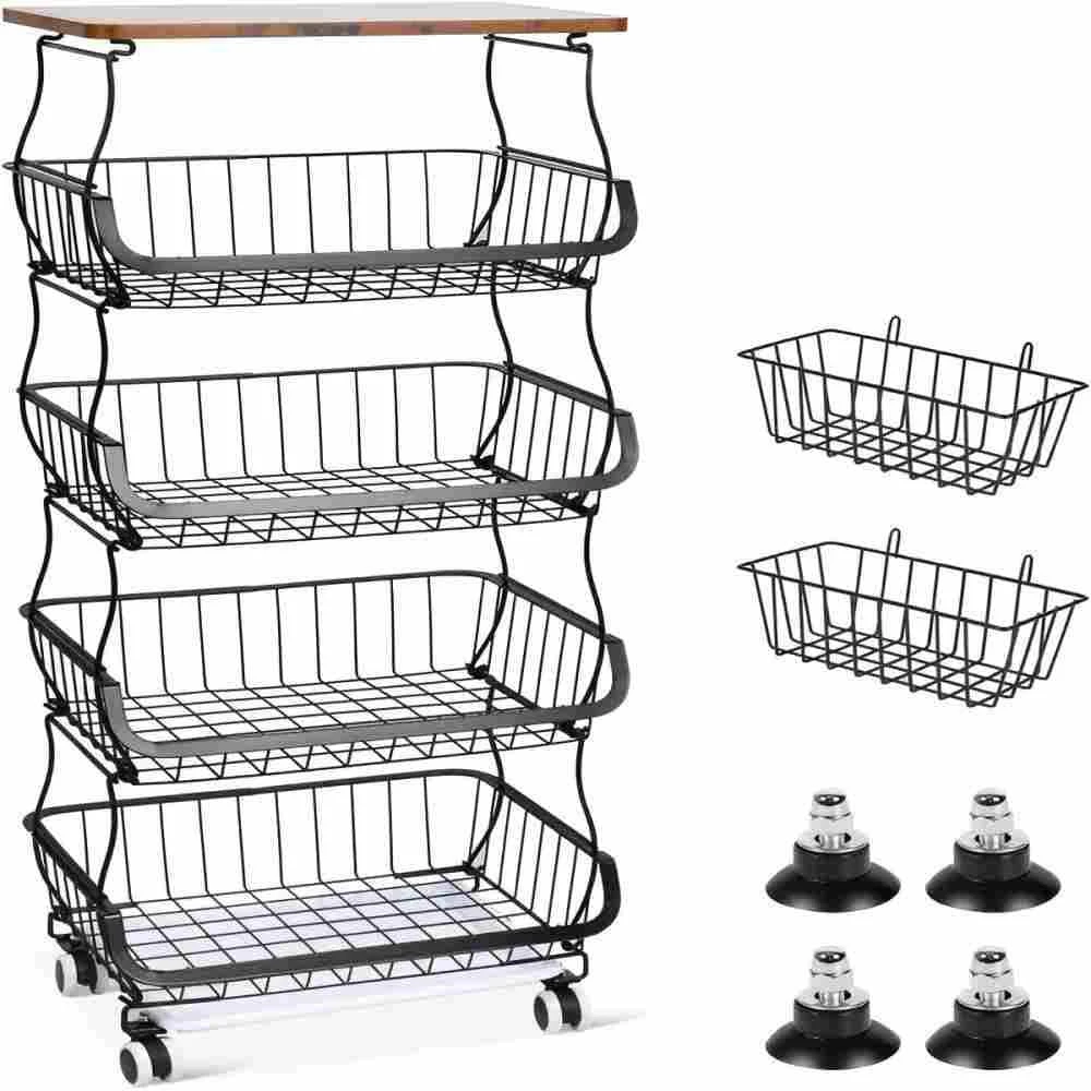 5 -Tier Fruit Basket For Kitchen Organizers And Storage, Stackable Metal Wire Basket Stand Cart With Wheels 1 5 -Tier Fruit Basket For Kitchen Organizers And Storage, Stackable Metal Wire Basket Stand Cart With Wheels