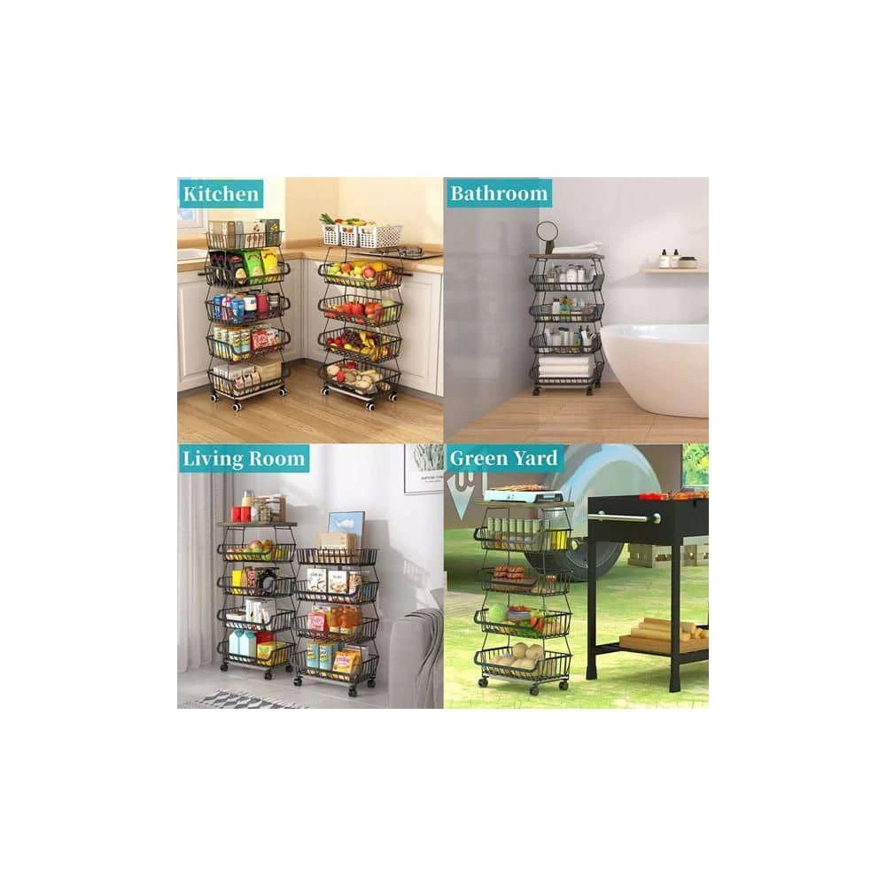 5 -Tier Fruit Basket For Kitchen Organizers And Storage, Stackable Metal Wire Basket Stand Cart With Wheels 8 5 -Tier Fruit Basket For Kitchen Organizers And Storage, Stackable Metal Wire Basket Stand Cart With Wheels - Image 8
