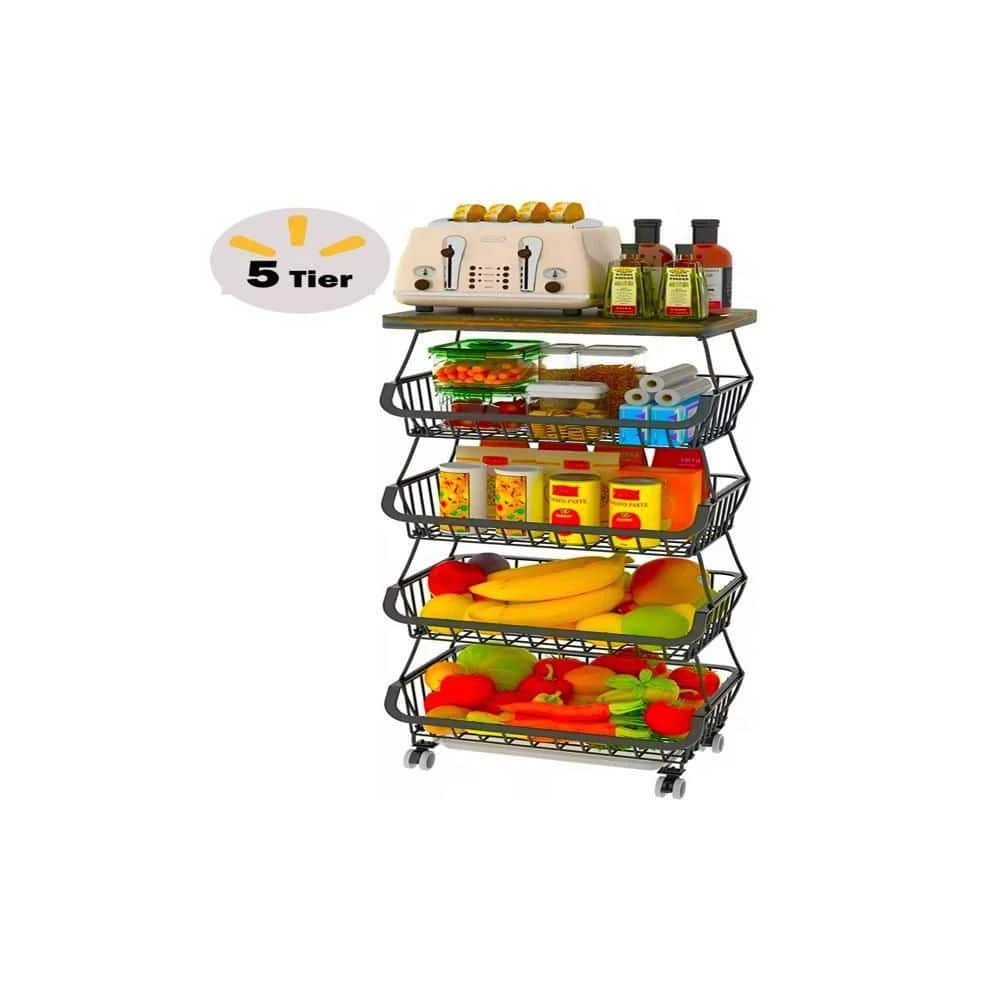 5 -Tier Fruit Basket For Kitchen Organizers And Storage, Stackable Metal Wire Basket Stand Cart With Wheels 3 5 -Tier Fruit Basket For Kitchen Organizers And Storage, Stackable Metal Wire Basket Stand Cart With Wheels - Image 3