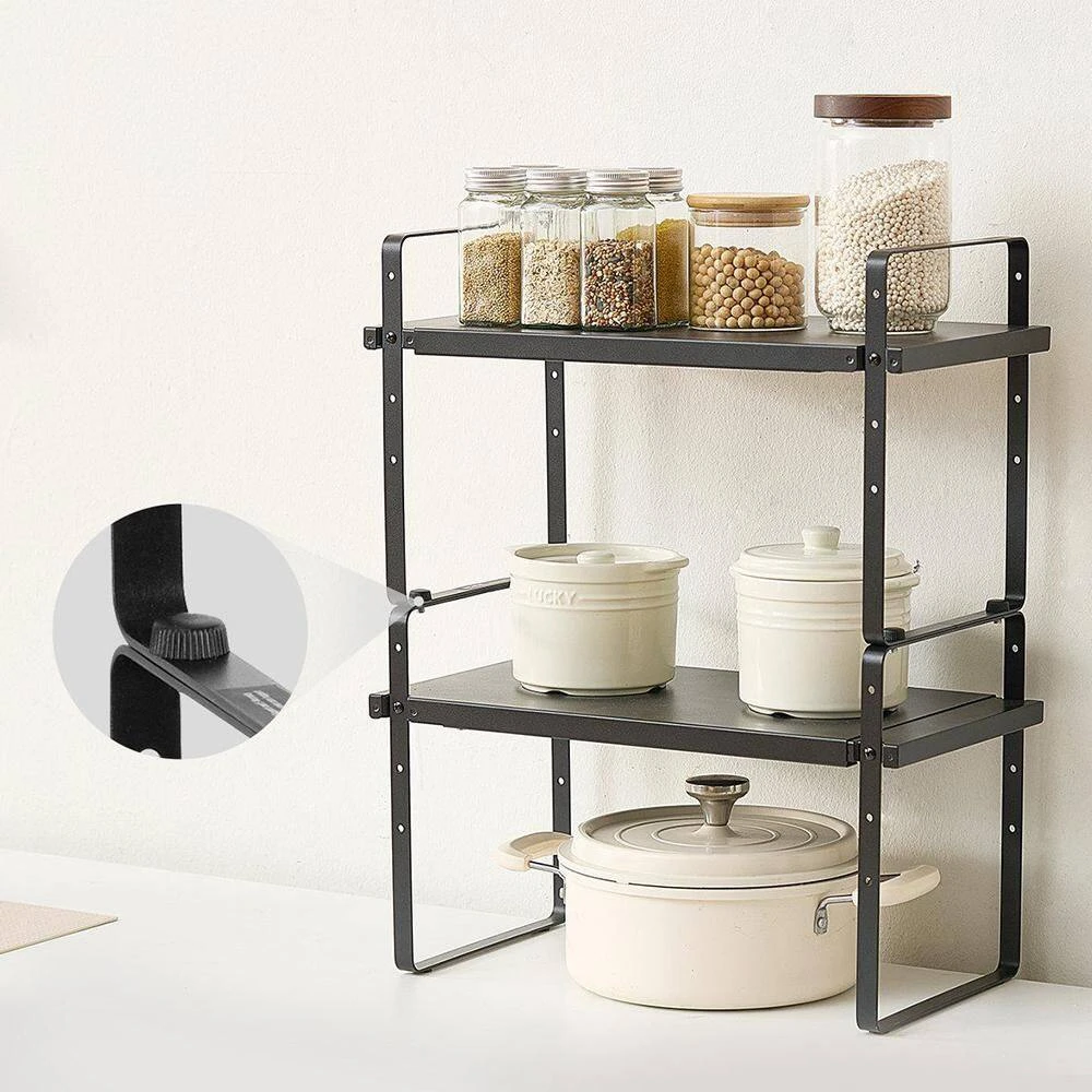 2 Tier Cabinet Organizer Shelf Counter Shelves Steel Kitchen Storage Spice Rack In Black 10 2 Tier Cabinet Organizer Shelf Counter Shelves Steel Kitchen Storage Spice Rack In Black - Image 10