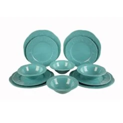 12-Pieces Porcelain Dinnerware Set In Turquoise