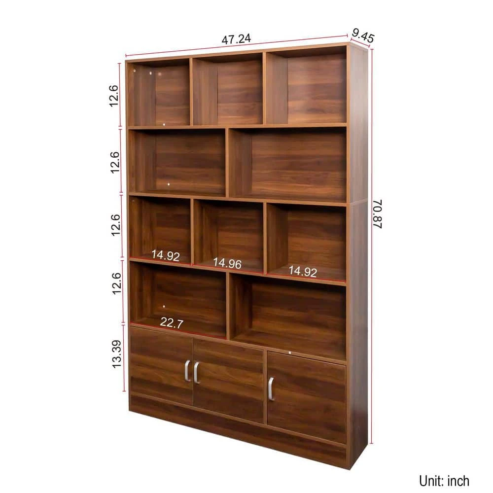9.45 In. W X 47.24 In. D X 70.87 In. H Walnut Wood Freestanding Linen Cabinet With 10-Cubes And 3-Doors In Brown 3 9.45 In. W X 47.24 In. D X 70.87 In. H Walnut Wood Freestanding Linen Cabinet With 10-Cubes And 3-Doors In Brown - Image 3