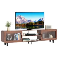 Walnut TV Stand: Fits 55-70 In. TVs, With Power Outlets, Sliding Doors And Open Shelf For Living Room