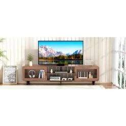 Walnut TV Stand: Fits 55-70 In. TVs, With Power Outlets, Sliding Doors And Open Shelf For Living Room -FURITURE SALE SHOP walnut tahanbath pantry organizers z dr hlrtt02z01n 76 1000