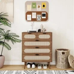 5-Drawer Cabinet, Accent Storage Cabinet, Suitable For Living Room, Bedroom, Dining Room, Study In Walnut