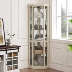 16.50 In. W X 16.50 In. H White Lighted Corner Curio Cabinet-Glass Display Case W/Built-in Lighting For Antiques & Wine -FURITURE SALE SHOP white tahanbath assembled kitchen cabinets z w1758p294617 1d 1000