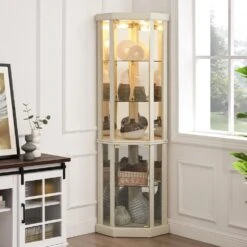 16.50 In. W X 16.50 In. H White Lighted Corner Curio Cabinet-Glass Display Case W/Built-in Lighting For Antiques & Wine -FURITURE SALE SHOP white tahanbath assembled kitchen cabinets z w1758p294617 76 1000