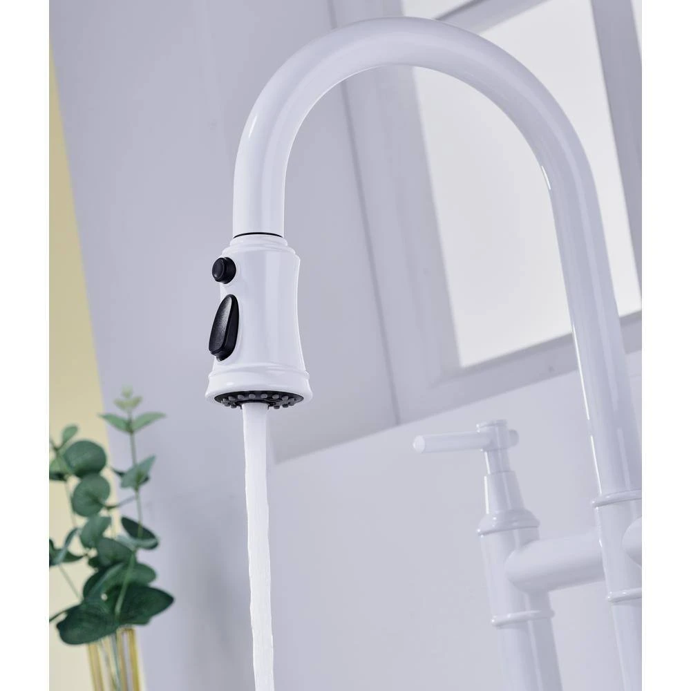 Single Handle Bridge Kitchen Faucet With Pull-Down Sprayhead In Spot In White 4 Single Handle Bridge Kitchen Faucet With Pull-Down Sprayhead In Spot In White - Image 4