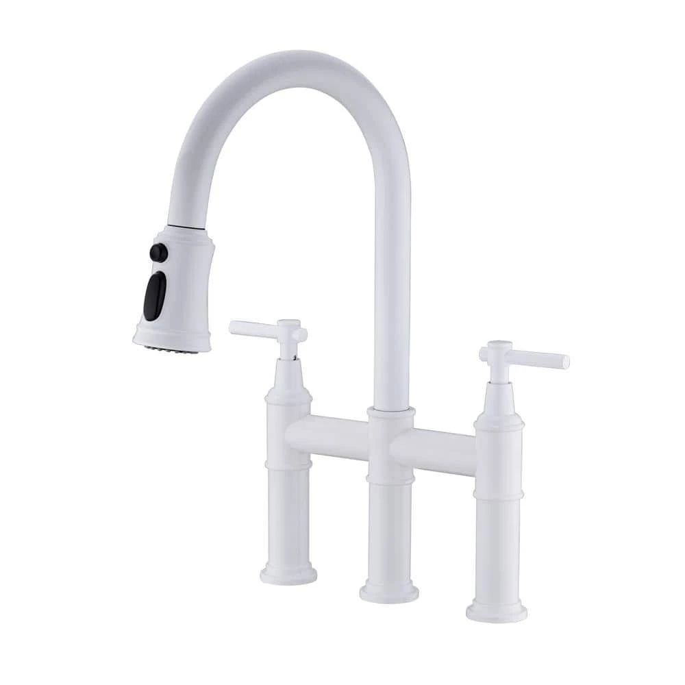 Single Handle Bridge Kitchen Faucet With Pull-Down Sprayhead In Spot In White 1 Single Handle Bridge Kitchen Faucet With Pull-Down Sprayhead In Spot In White