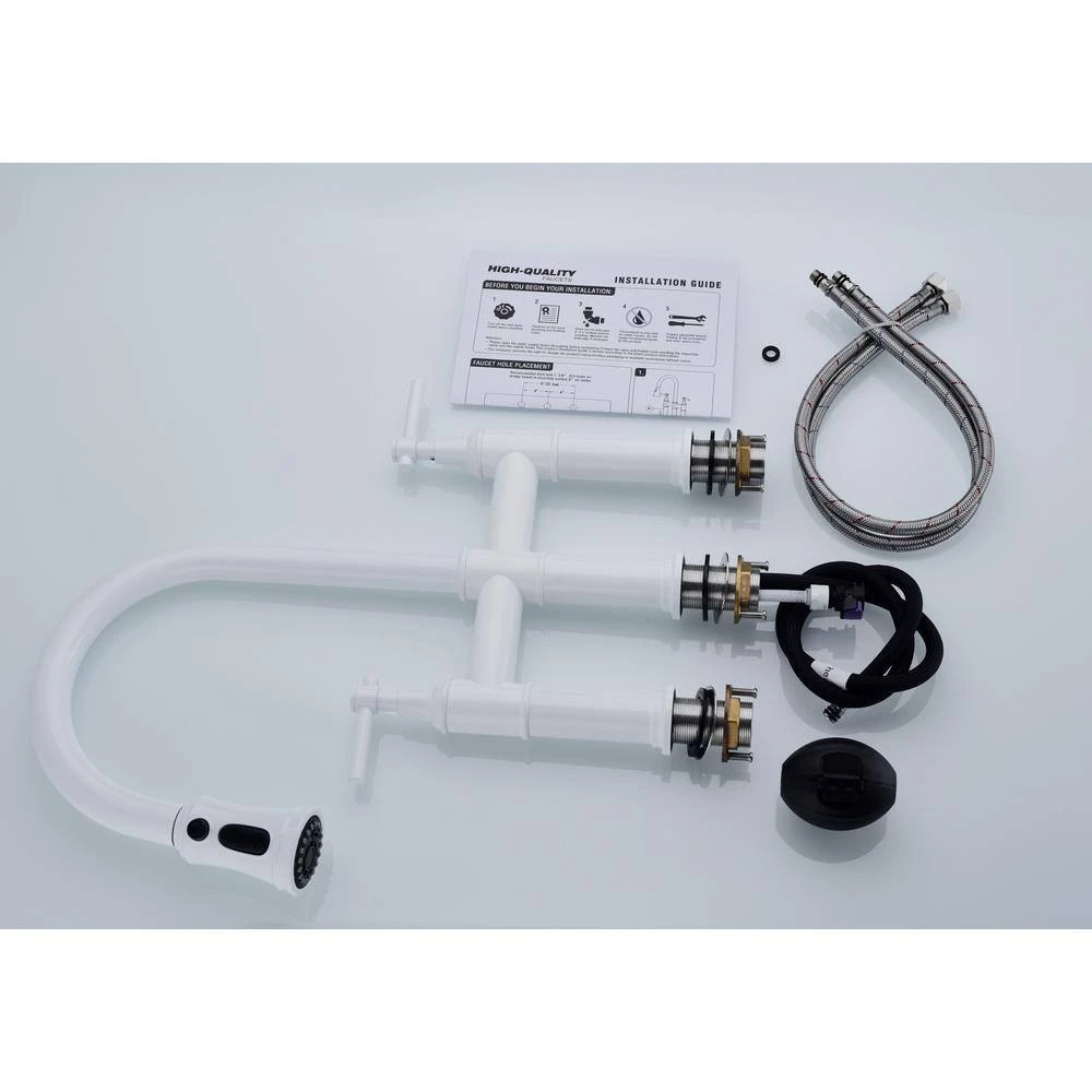 Single Handle Bridge Kitchen Faucet With Pull-Down Sprayhead In Spot In White 2 Single Handle Bridge Kitchen Faucet With Pull-Down Sprayhead In Spot In White - Image 2