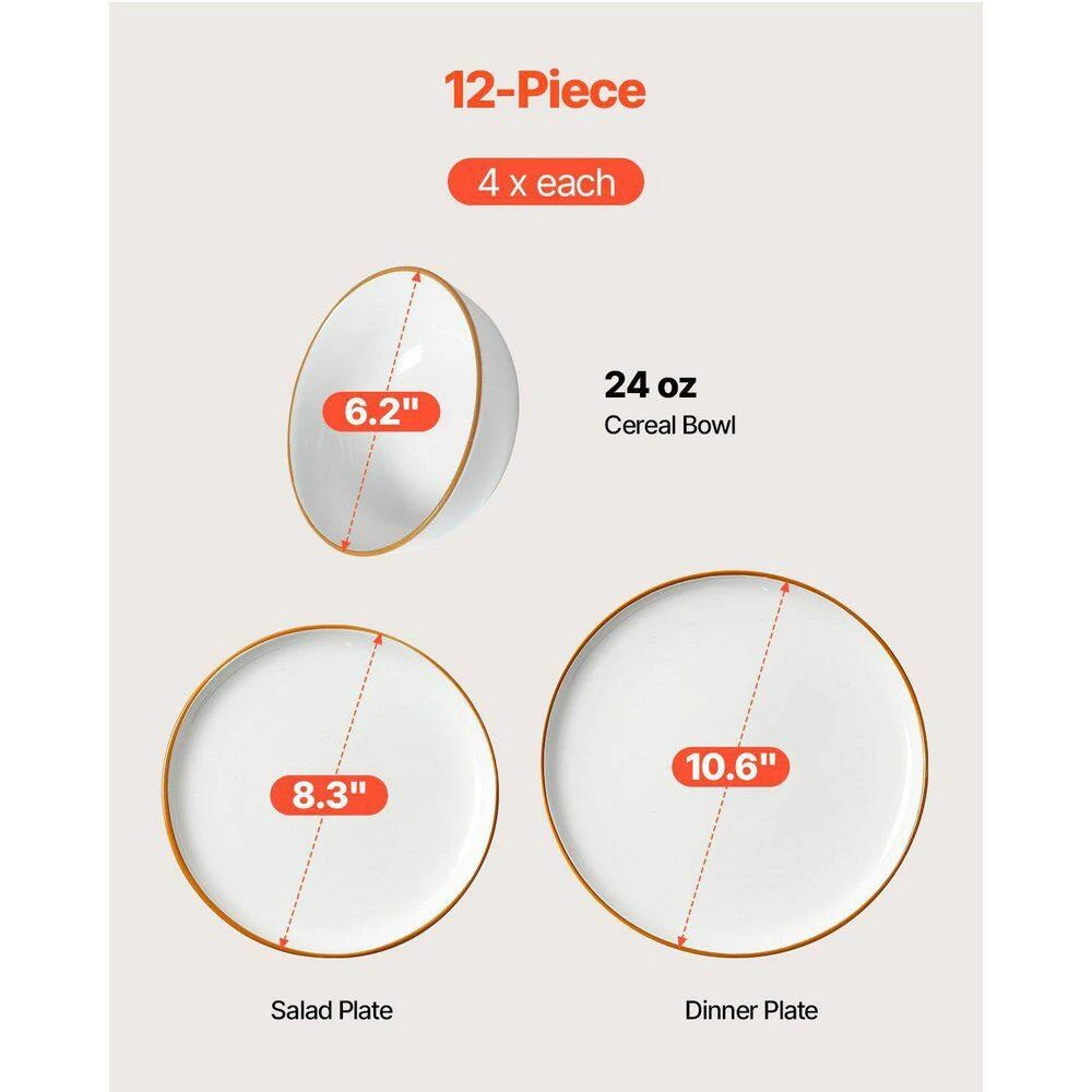 12 PCS Dinnerware Set Ceramic Plates And Bowls Sets Service For 4 White 3 12 PCS Dinnerware Set Ceramic Plates And Bowls Sets Service For 4 White - Image 3