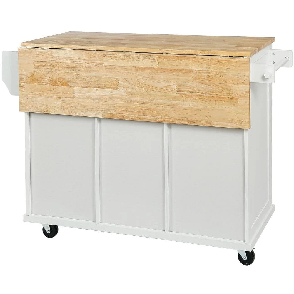 White Kitchen Cart With Rubber Wood Drop-Leaf Countertop, 3 Drawers, Cabinet Storage And 5 Wheels 5 White Kitchen Cart With Rubber Wood Drop-Leaf Countertop, 3 Drawers, Cabinet Storage And 5 Wheels - Image 5