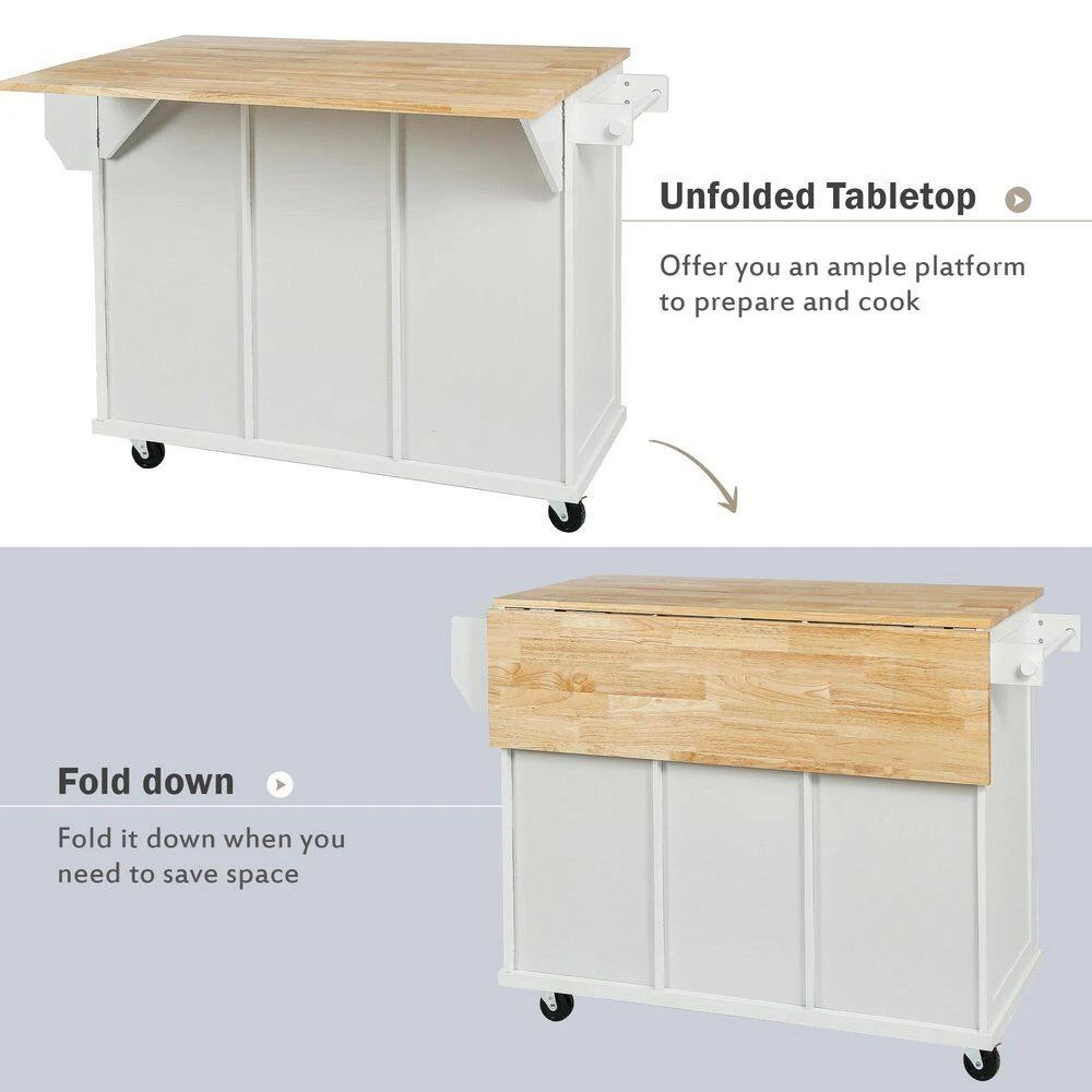 White Kitchen Cart With Rubber Wood Drop-Leaf Countertop, 3 Drawers, Cabinet Storage And 5 Wheels 10 White Kitchen Cart With Rubber Wood Drop-Leaf Countertop, 3 Drawers, Cabinet Storage And 5 Wheels - Image 10