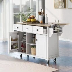 White Kitchen Cart With Rubber Wood Drop-Leaf Countertop, 3 Drawers, Cabinet Storage And 5 Wheels 30 White Kitchen Cart With Rubber Wood Drop-Leaf Countertop, 3 Drawers, Cabinet Storage And 5 Wheels -FURITURE SALE SHOP white tahanbath kitchen carts z wf298028aaw 31 1000