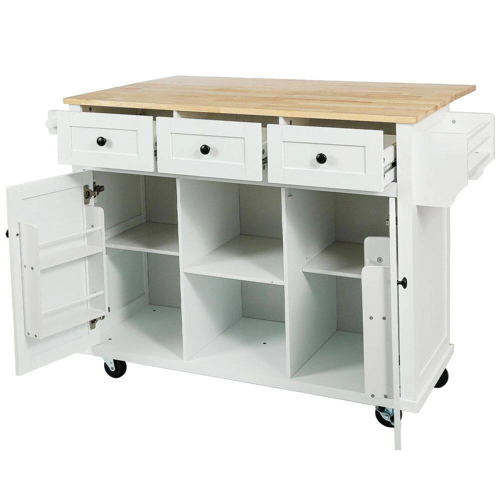 White Kitchen Cart With Rubber Wood Drop-Leaf Countertop, 3 Drawers, Cabinet Storage And 5 Wheels 11 White Kitchen Cart With Rubber Wood Drop-Leaf Countertop, 3 Drawers, Cabinet Storage And 5 Wheels - Image 11