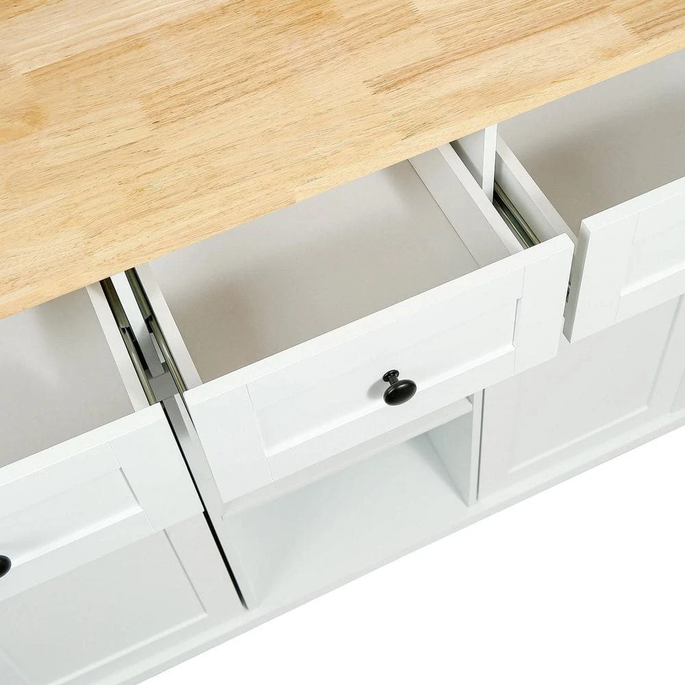 White Kitchen Cart With Rubber Wood Drop-Leaf Countertop, 3 Drawers, Cabinet Storage And 5 Wheels 9 White Kitchen Cart With Rubber Wood Drop-Leaf Countertop, 3 Drawers, Cabinet Storage And 5 Wheels - Image 9