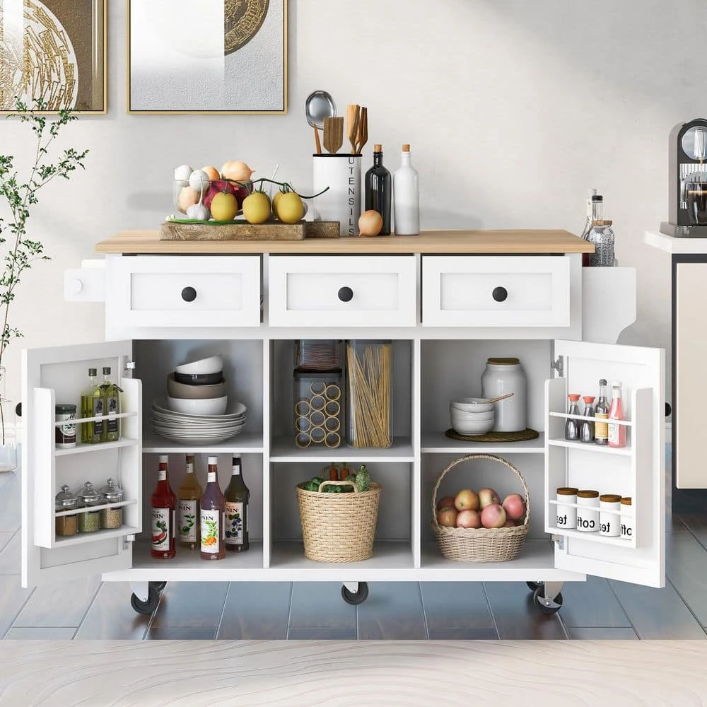 White Kitchen Cart With Rubber Wood Drop-Leaf Countertop, 3 Drawers, Cabinet Storage And 5 Wheels 4 White Kitchen Cart With Rubber Wood Drop-Leaf Countertop, 3 Drawers, Cabinet Storage And 5 Wheels - Image 4