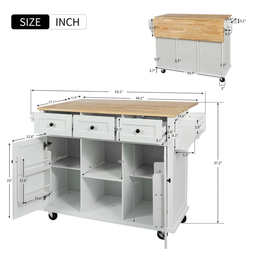 White Kitchen Cart With Rubber Wood Drop-Leaf Countertop, 3 Drawers, Cabinet Storage And 5 Wheels 8 White Kitchen Cart With Rubber Wood Drop-Leaf Countertop, 3 Drawers, Cabinet Storage And 5 Wheels - Image 8