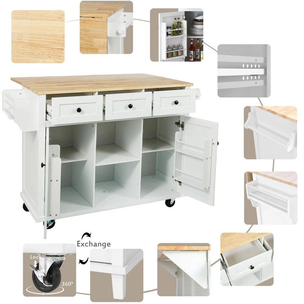 White Kitchen Cart With Rubber Wood Drop-Leaf Countertop, 3 Drawers, Cabinet Storage And 5 Wheels 14 White Kitchen Cart With Rubber Wood Drop-Leaf Countertop, 3 Drawers, Cabinet Storage And 5 Wheels - Image 14
