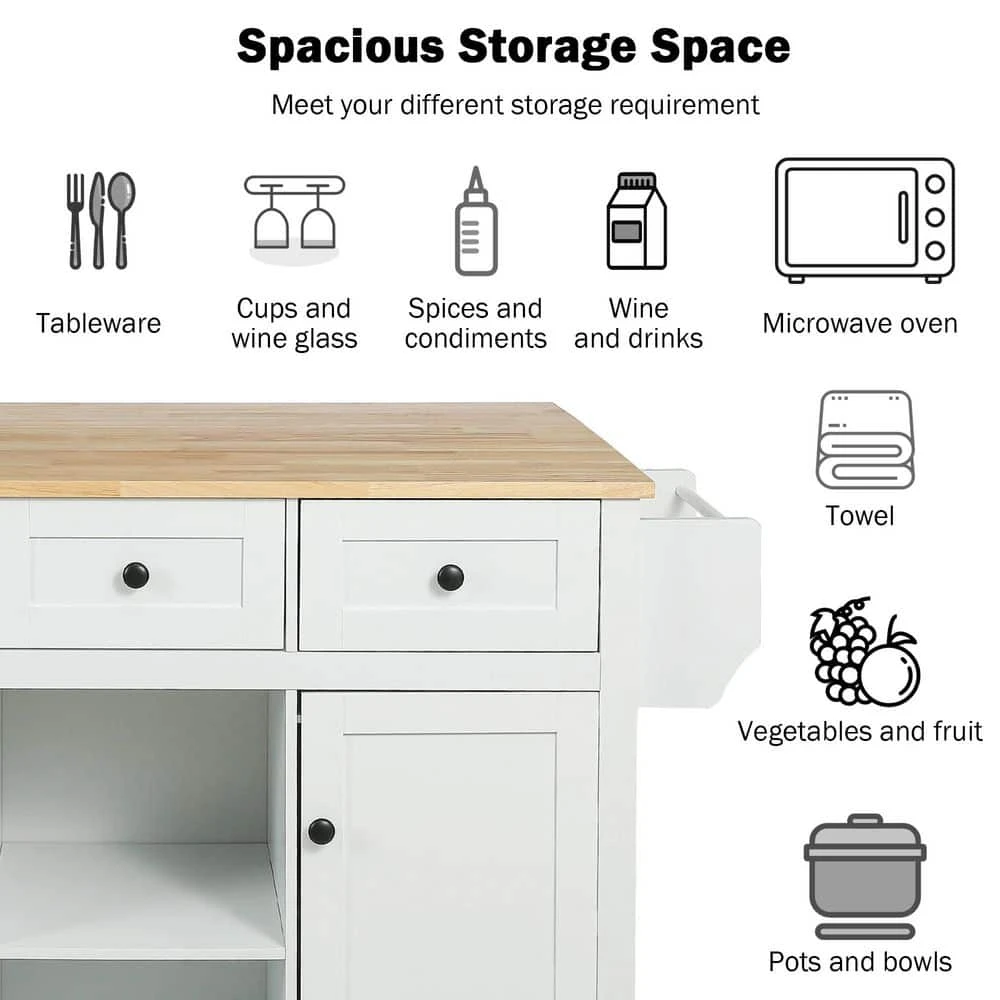 White Kitchen Cart With Rubber Wood Drop-Leaf Countertop, 3 Drawers, Cabinet Storage And 5 Wheels 12 White Kitchen Cart With Rubber Wood Drop-Leaf Countertop, 3 Drawers, Cabinet Storage And 5 Wheels - Image 12