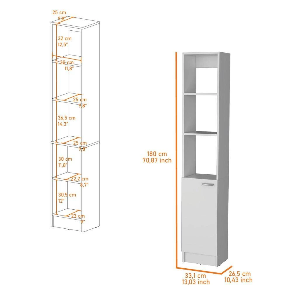 13.03 In. W X 10.43 In. D X 70.87 In. H White Wood Freestanding Linen Cabinet W/3-Open Shelves And Door In White 3 13.03 In. W X 10.43 In. D X 70.87 In. H White Wood Freestanding Linen Cabinet W/3-Open Shelves And Door In White - Image 3