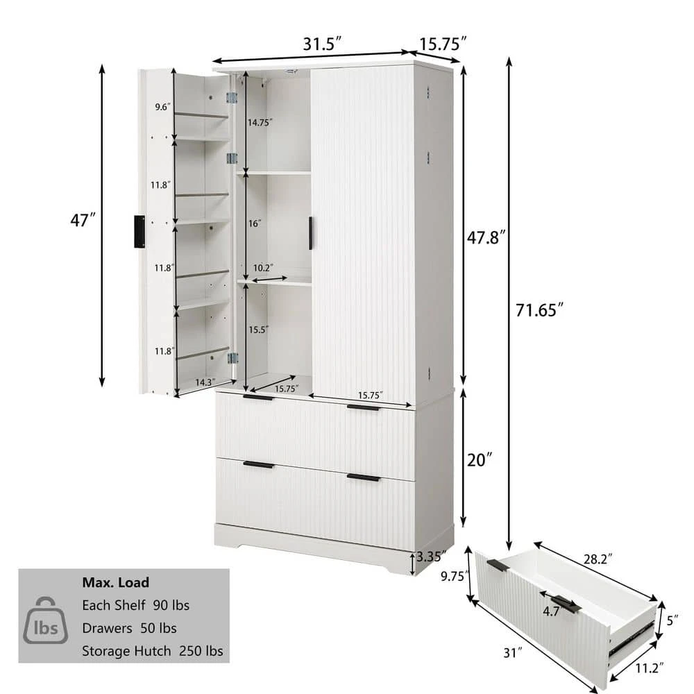 15.75 In. W X 31.49 In. D X 71.65 In. H White MDF Freestanding Linen Cabinet With 2-Drawers And 8-Door In White 3 15.75 In. W X 31.49 In. D X 71.65 In. H White MDF Freestanding Linen Cabinet With 2-Drawers And 8-Door In White - Image 3