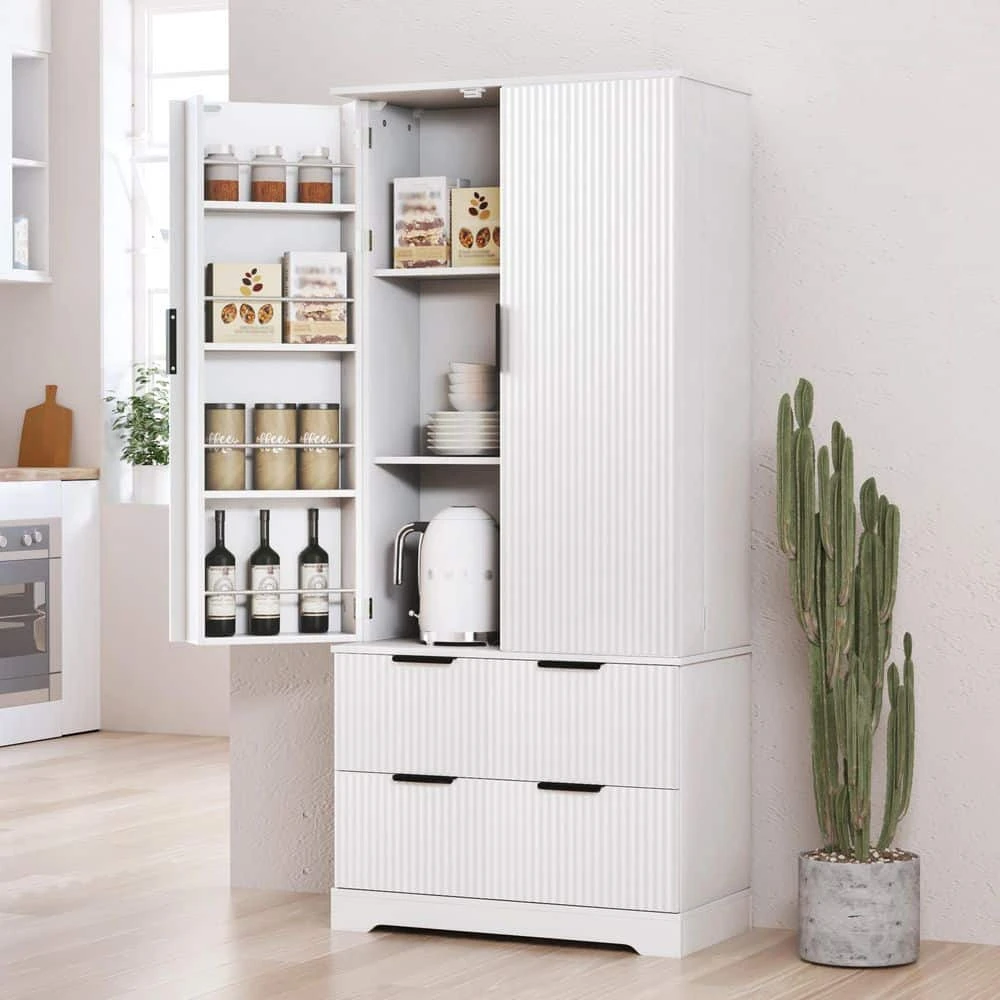 15.75 In. W X 31.49 In. D X 71.65 In. H White MDF Freestanding Linen Cabinet With 2-Drawers And 8-Door In White 2 15.75 In. W X 31.49 In. D X 71.65 In. H White MDF Freestanding Linen Cabinet With 2-Drawers And 8-Door In White - Image 2