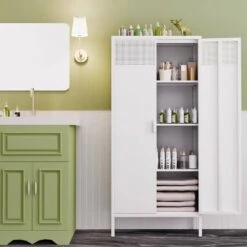 27.56 In. D X 13.78 In. W X 61.02 In. H White Steel Freestanding Linen Cabinet With Adjustable Shelves In White -FURITURE SALE SHOP white tahanbath linen cabinets ct xl p312416 31 1000