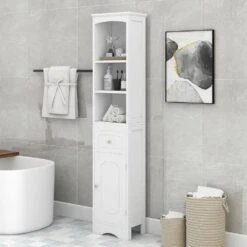13.4 In. W X 9.1 In. D X 66.9 In. H White MDF Freestanding Linen Cabinet With Drawer In White 17 13.4 In. W X 9.1 In. D X 66.9 In. H White MDF Freestanding Linen Cabinet With Drawer In White -FURITURE SALE SHOP white tahanbath linen cabinets q g wf289423aak 31 1000