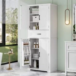 30.00 In. W X 15.70 In. D X 72.20 In. H In White Bathroom Storage Linen Cabinet With Doors, Drawer And Adjustable Shelf -FURITURE SALE SHOP white tahanbath linen cabinets z n759p241667k 1f 1000
