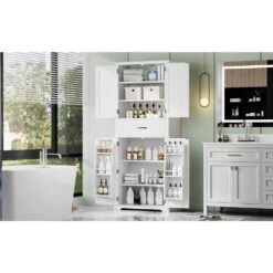 30.00 In. W X 15.70 In. D X 72.20 In. H In White Bathroom Storage Linen Cabinet With Doors, Drawer And Adjustable Shelf -FURITURE SALE SHOP white tahanbath linen cabinets z n759p241667k 31 1000