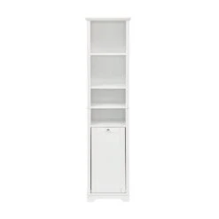 13.75 In. W X 15.75 In. D X 63.75 In. H White Linen Cabinet With 4 Adjustable Shelves & Laundry Hamper