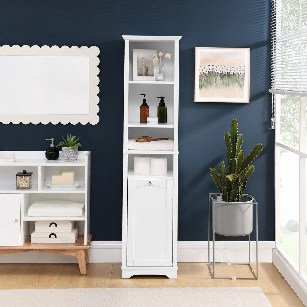 13.75 In. W X 15.75 In. D X 63.75 In. H White Linen Cabinet With 4 Adjustable Shelves & Laundry Hamper 3 13.75 In. W X 15.75 In. D X 63.75 In. H White Linen Cabinet With 4 Adjustable Shelves & Laundry Hamper - Image 3