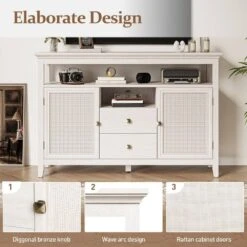 52.8 In. Rattan Sideboard, Storage Cabinet With Adjustable Shelves, Accent Buffet Cabinet For Kitchen In White -FURITURE SALE SHOP white tahanbath pantry organizers z b082p232946 76 1000