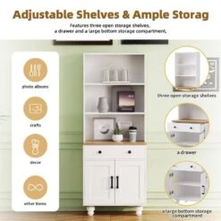 Farmhouse Storage Cabinet - Solid Wood Gourd Legs Adjustable Shelves 5-Tier With Drawer-White -FURITURE SALE SHOP white tahanbath pantry organizers z n721p205790k 1f 1000