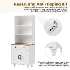 Farmhouse Storage Cabinet - Solid Wood Gourd Legs Adjustable Shelves 5-Tier With Drawer-White -FURITURE SALE SHOP white tahanbath pantry organizers z n721p205790k 4f 1000