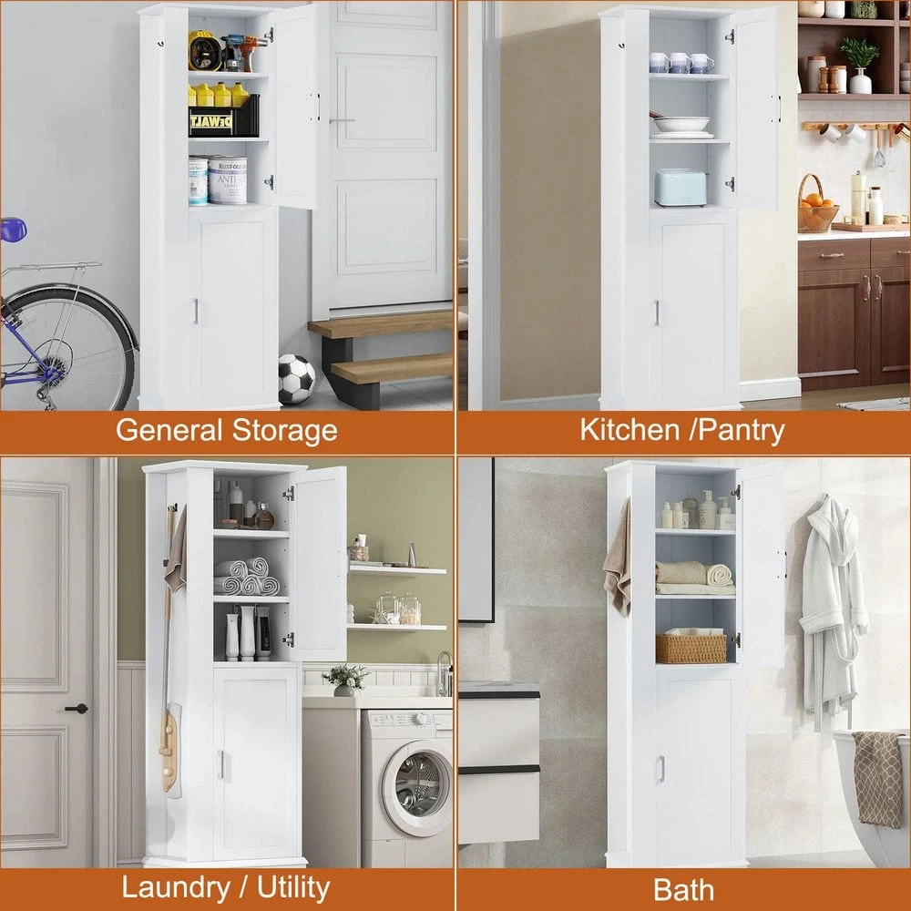 Tall Bathroom Storage Cabinet, Freestanding Storage Cabinet With Hook And Adjustable Shelf, MDF Board, White 4 Tall Bathroom Storage Cabinet, Freestanding Storage Cabinet With Hook And Adjustable Shelf, MDF Board, White - Image 4