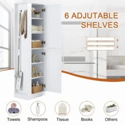 Tall Bathroom Storage Cabinet, Freestanding Storage Cabinet With Hook And Adjustable Shelf, MDF Board, White 11 Tall Bathroom Storage Cabinet, Freestanding Storage Cabinet With Hook And Adjustable Shelf, MDF Board, White -FURITURE SALE SHOP white tahanbath pantry organizers z n725p241834k 44 1000
