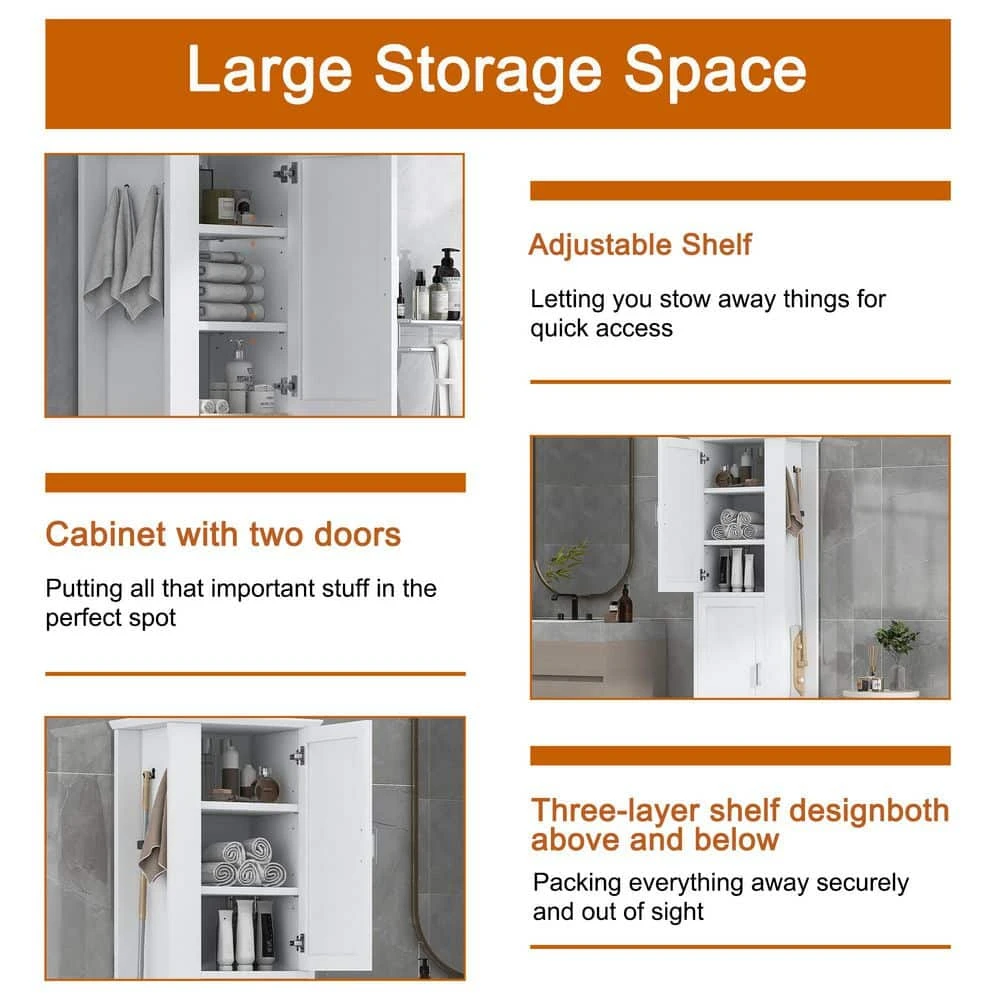 Tall Bathroom Storage Cabinet, Freestanding Storage Cabinet With Hook And Adjustable Shelf, MDF Board, White 7 Tall Bathroom Storage Cabinet, Freestanding Storage Cabinet With Hook And Adjustable Shelf, MDF Board, White - Image 7