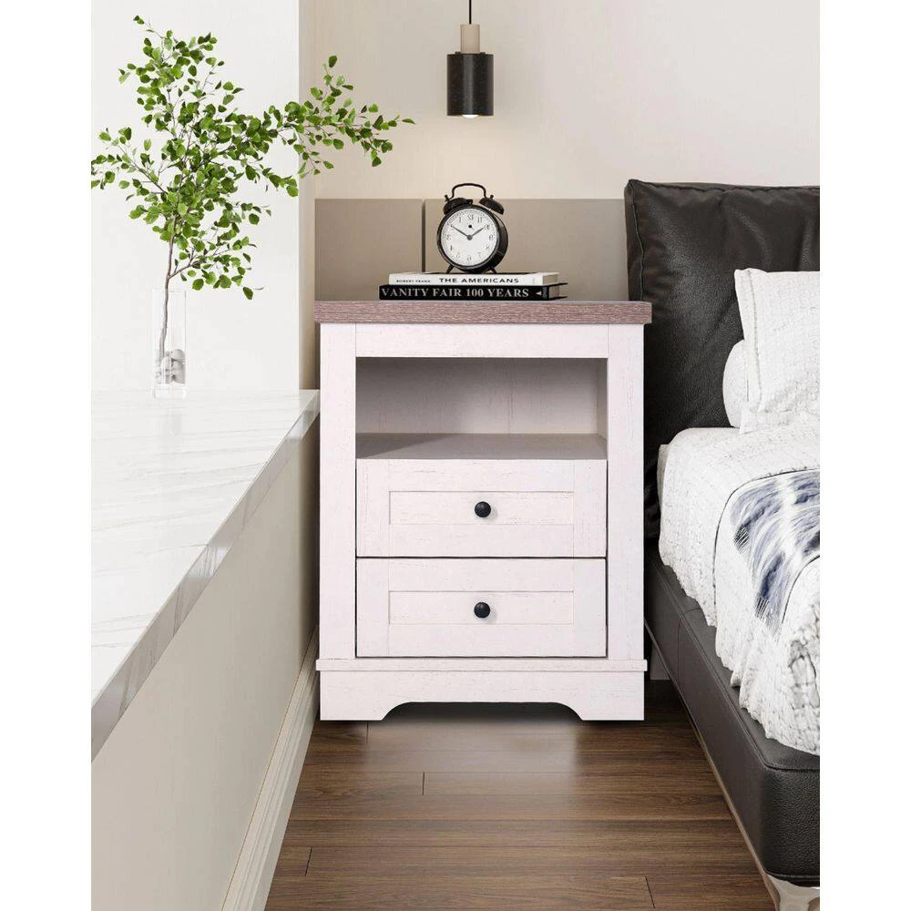 Antique Farmhouse End Table: 2-Drawer Storage (Bedroom/Living Room) In White 3 Antique Farmhouse End Table: 2-Drawer Storage (Bedroom/Living Room) In White - Image 3