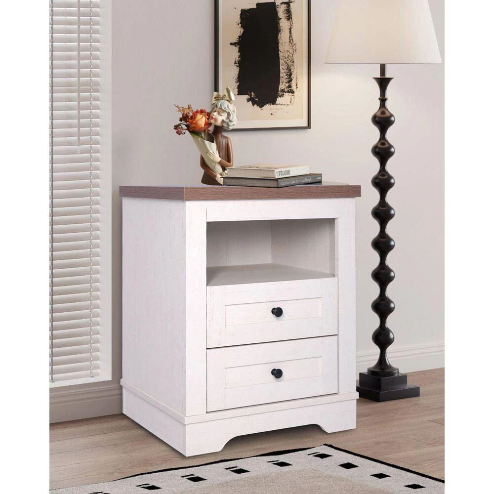 Antique Farmhouse End Table: 2-Drawer Storage (Bedroom/Living Room) In White 2 Antique Farmhouse End Table: 2-Drawer Storage (Bedroom/Living Room) In White - Image 2
