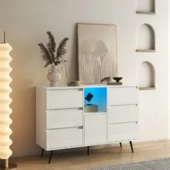 High-Gloss White Living Room Sideboard With LED Lights-Modern Wooden Storage And Display Cabinet For Kitchen