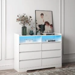 6-Drawer White Dresser With LED Lights For Bedroom, Living Room And More